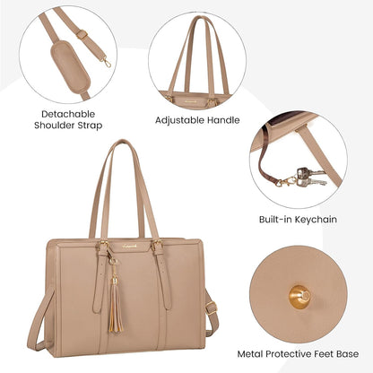 Laptop Bag for Women 15.6 Inch Lightweight PU Laptop Tote Bag, Large Capacity Computer Bag with Clutch Purse for Business, Work, Office, Travel,School，Casual（Light Brown，15.6 Inch）