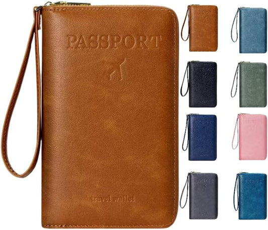 Multi-Functional RFID Passport Wallet,Travel Wallet for Men & Women,With Zipper, Anti-Theft Passport Holder，Slim Leather Cover for Credit Cards, Tickets, Cash (Brown)