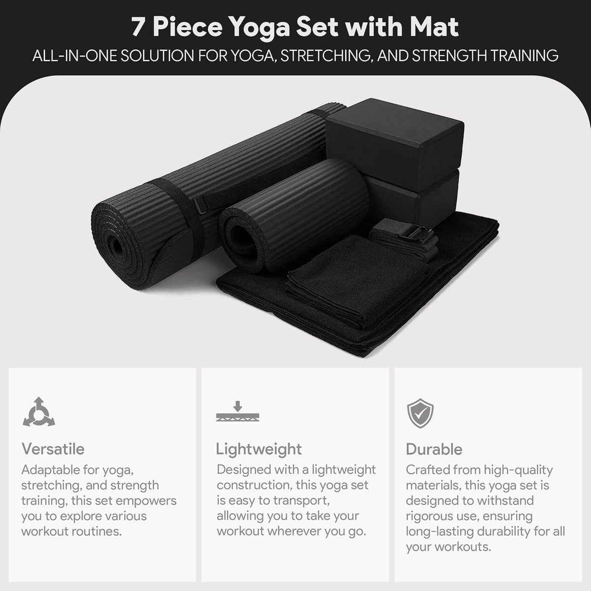 7-Piece Yoga Set with 71X24X0.5 Inches Extra Thick Mat and Carrying Sling – Includes 2 Blocks, Stretch Strap, 2 Towels, and Knee Pad for Home, Studio, and Gym Workouts