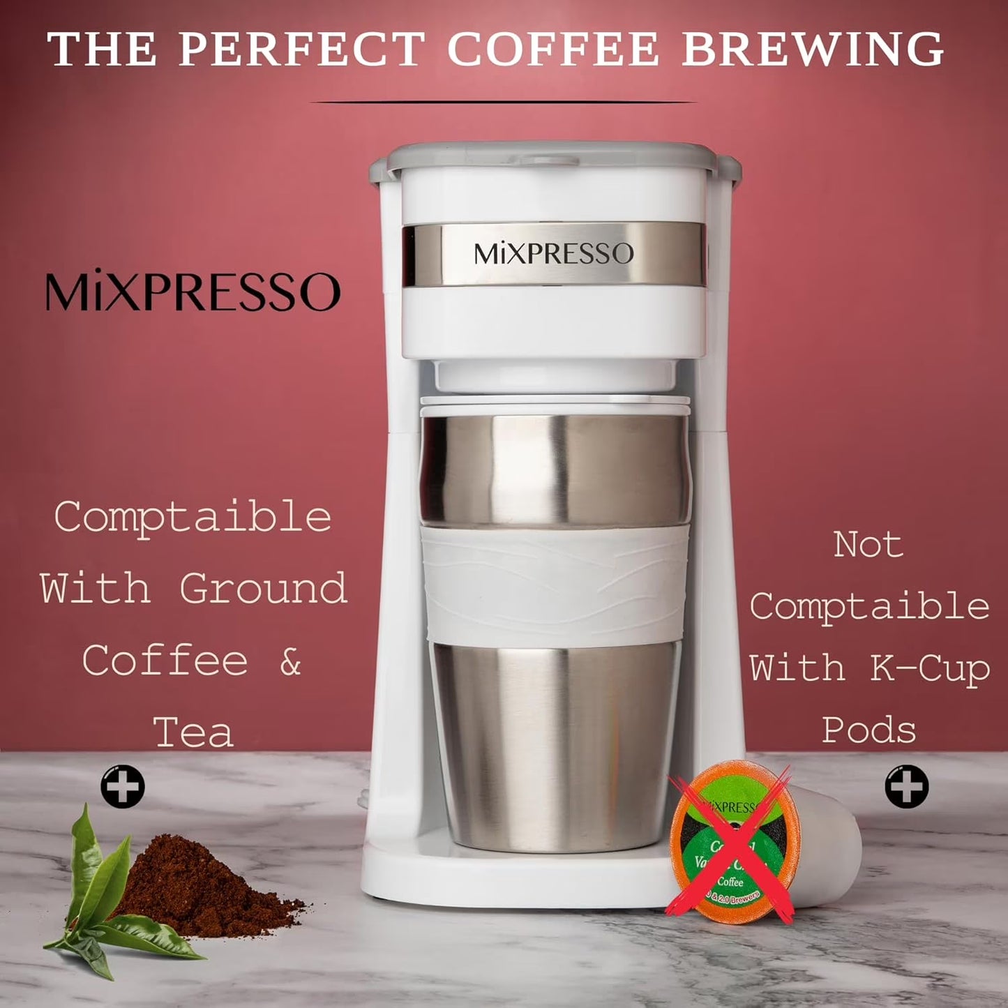 Single Serve Coffee Maker Ground Coffee and 14Oz Travel Mug White