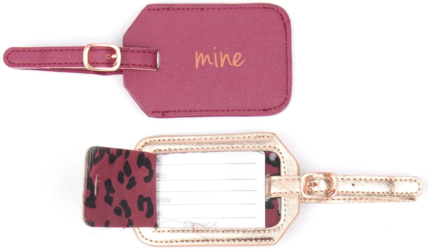“Mine/Also Mine” Luggage Tags, Set of 2 Faux Leather Suitcase Tags with Sturdy Buckle Straps, 6.85" X 3", Pink & Gold, Cute Travel Gifts