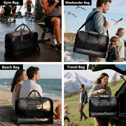 4‑PCS Leather Duffle Bag for Travel, Weekender Overnight Gym Bag Men Women