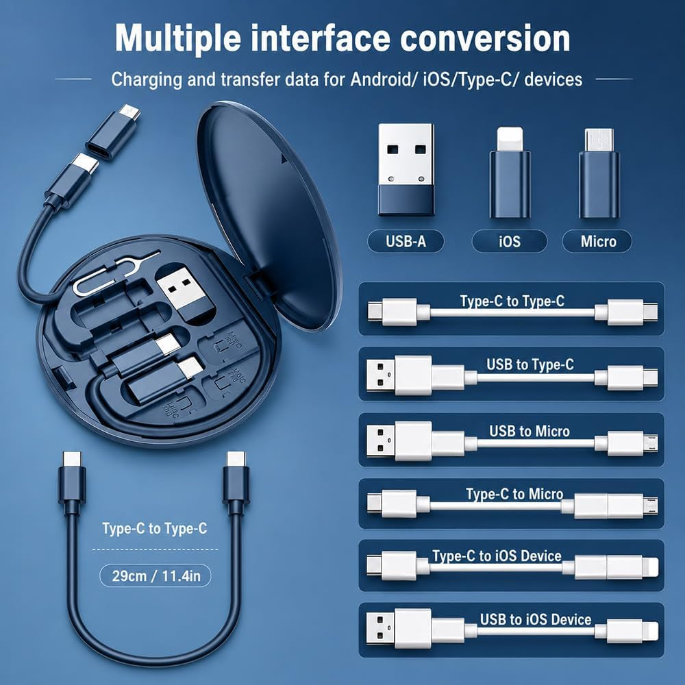 USB C Adapter Kit, Multi Charging Cable Case Convertor USB C to Ios Device Type C Micro Adapter Data Transfer Contains Card Slot for Traveling, Use as Phone Holder(Midnight Blue)