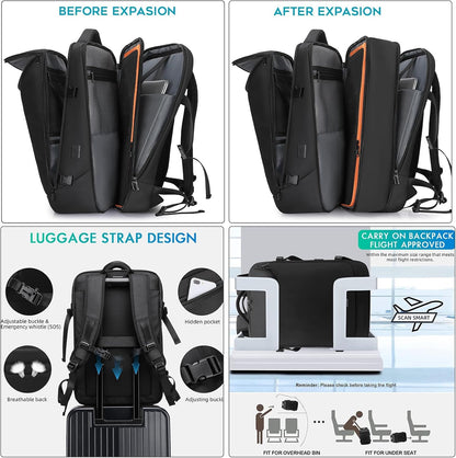 Travel Carry on Backpack 50L Expandable Flight Approved Backpacks 17.3 Inch Laptop and USB Charging Port Bags Water Resistant Business Back Pack for Women & Men
