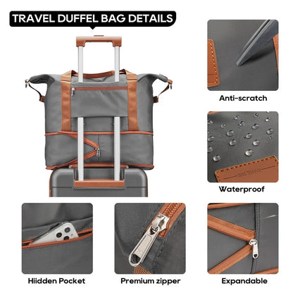 2 Piece Travel Duffel Bag Set Waterproof Carry-On Weekender Bag with Toiletry Bag, Lightweight Expandable Overnight Luggage for Women & Men