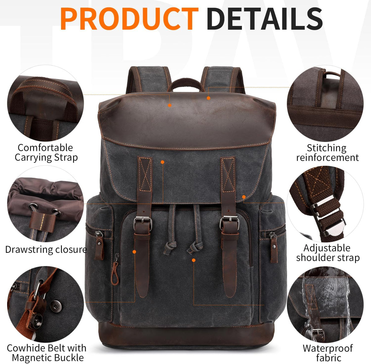 Nerlion Leather Backpack for Men Waxed Canvas Laptop Backpack 17.3 Inch Rucksack Vintage Travel Backpack (Black)