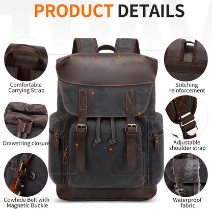 Nerlion Leather Backpack for Men Waxed Canvas Laptop Backpack 17.3 Inch Rucksack Vintage Travel Backpack (Black)