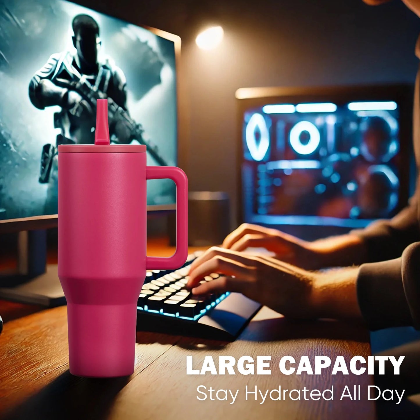40Oz Fuchsia Large Vacuum-Insulated Tumbler with Lid, Reusable Stainless Steel Water Bottle with Handle Flip Straw Rubber Base, Leak Resistant Travel Coffee Mug for Home Office Gym