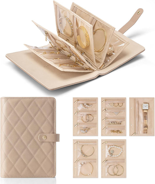 Jewelry Travel Organizer,Loose-Leaf with Clear Velvet Pouches,Toffee