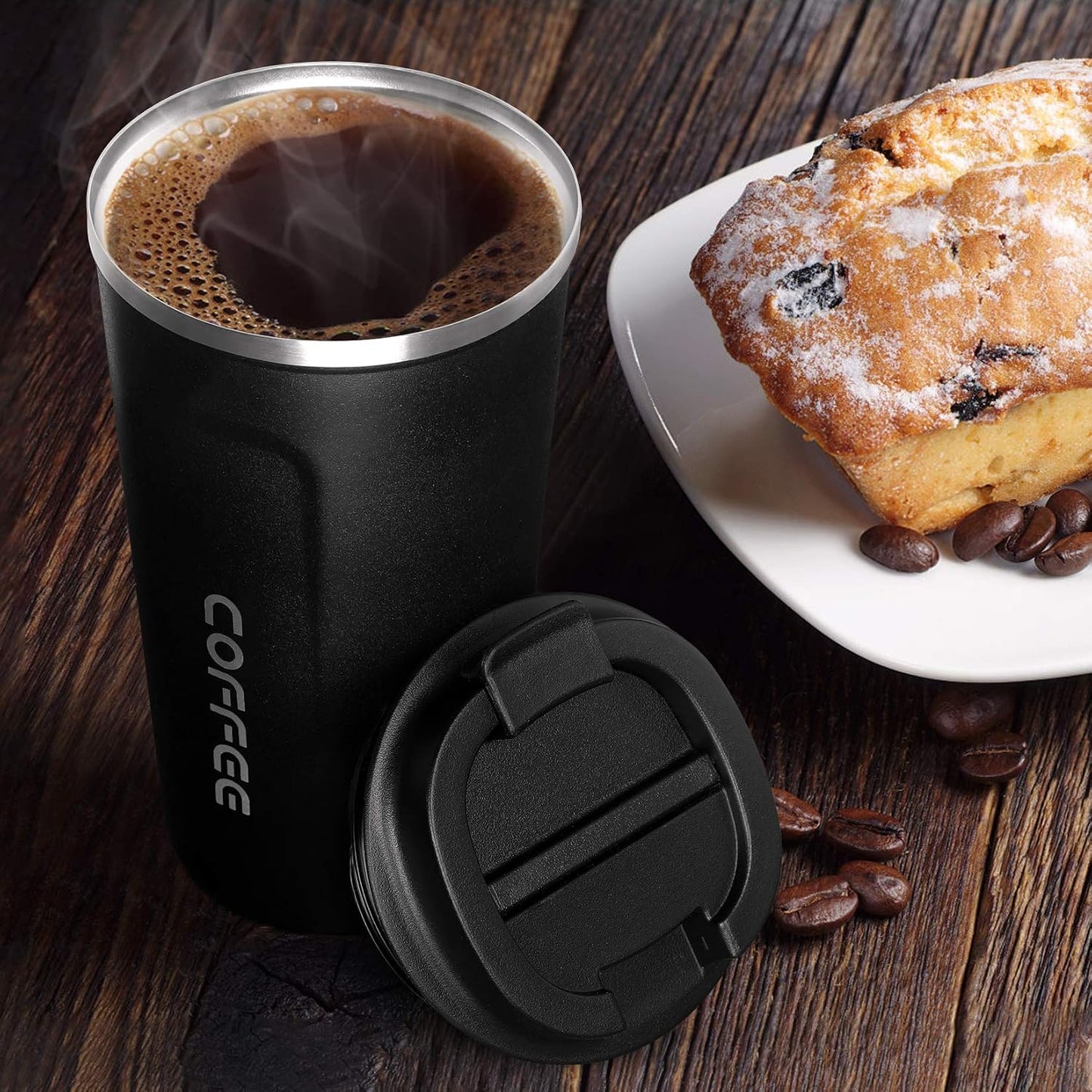 17Oz (510Ml) Vacuum Insulated Coffee Travel Mug, Leakproof Double Wall Stainless Steel Reusable Coffee Cup with Lid for Hot & Cold Drinks, Matte Texture Black