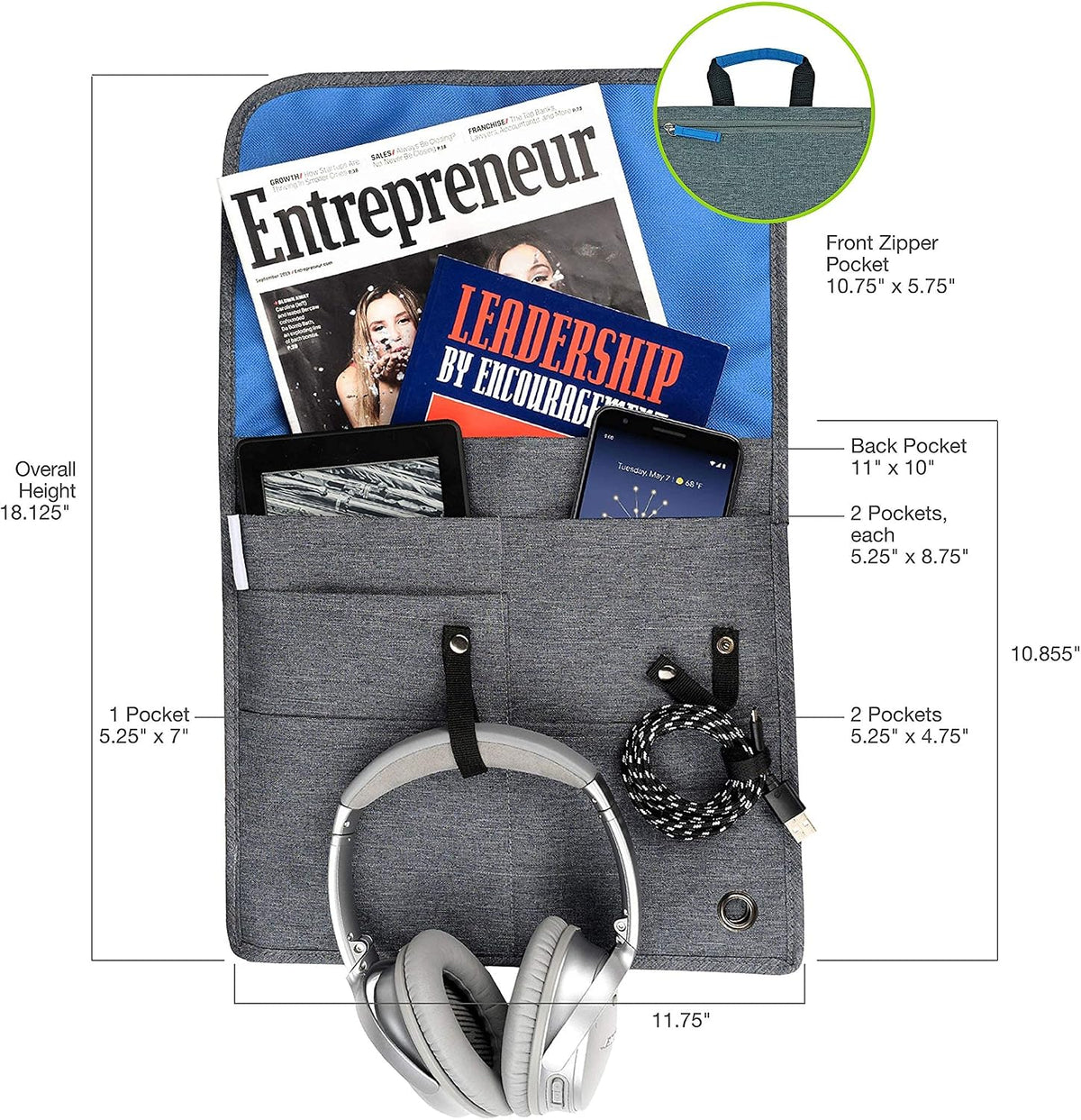 Airplane Pocket Organizer | Tray Table Cover | in Flight Seat Back Organizer Bag | Commuter Essential Travel Bag | Media Pouch for Flying | Travel Gift | Attaches to Luggage (Black)