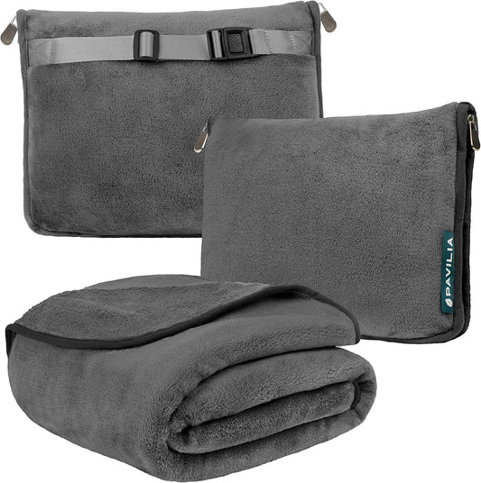 Travel Blanket Pillow, Soft Airplane Blanket 2-In-1 Combo Set, Plane Blanket Compact Packable, Flight Essentials Car Pillow, Travelers Gifts Accessories, Luggage Backpack Strap, 60X43 Gray
