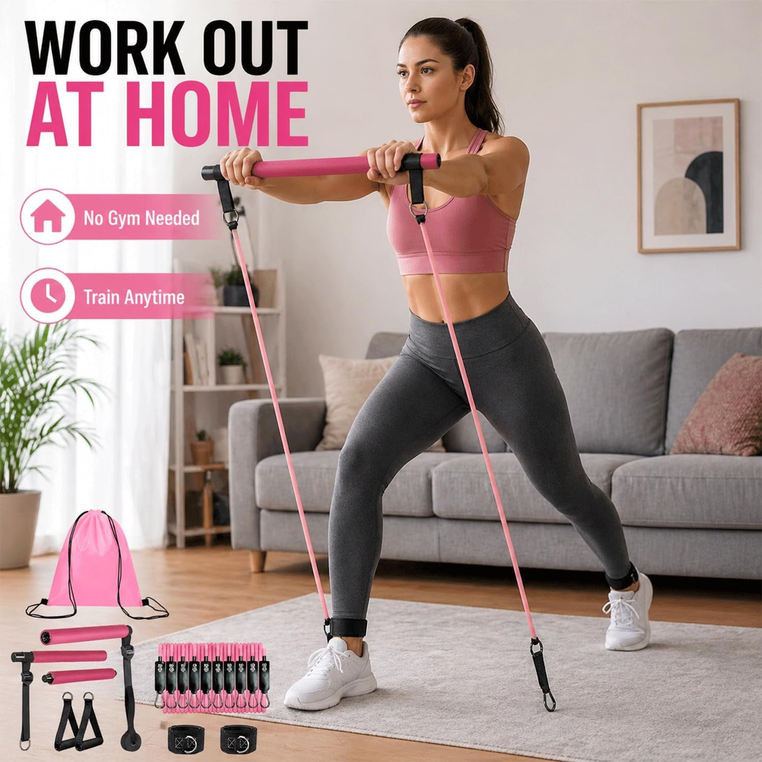 Pilates Bar Kit with Resistance Bands, Pilates Workout Equipment for Home Gym, Adjustable 3-Section Pilates Bar Kit for Women & Men, Ideal Pilates at Home Kit for Full Body Training & Flexibility