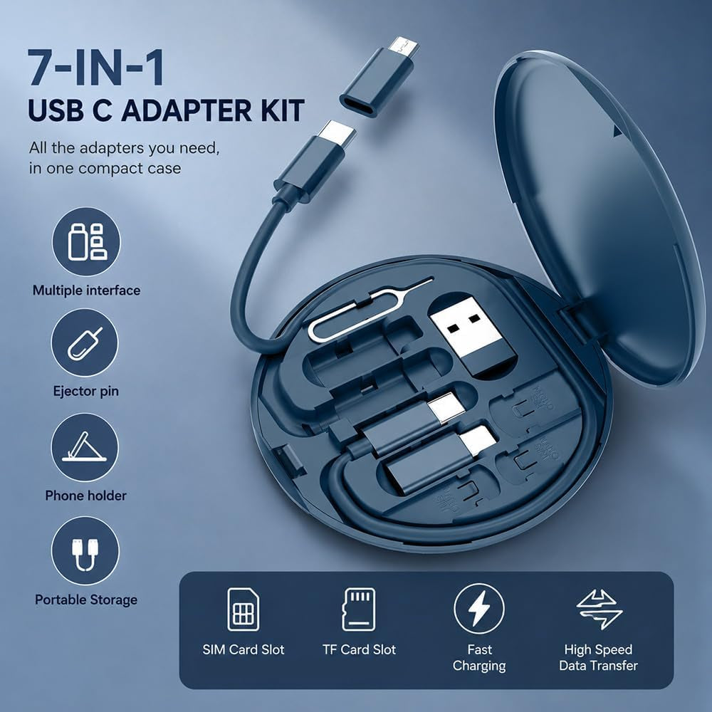 USB C Adapter Kit, Multi Charging Cable Case Convertor USB C to Ios Device Type C Micro Adapter Data Transfer Contains Card Slot for Traveling, Use as Phone Holder(Midnight Blue)