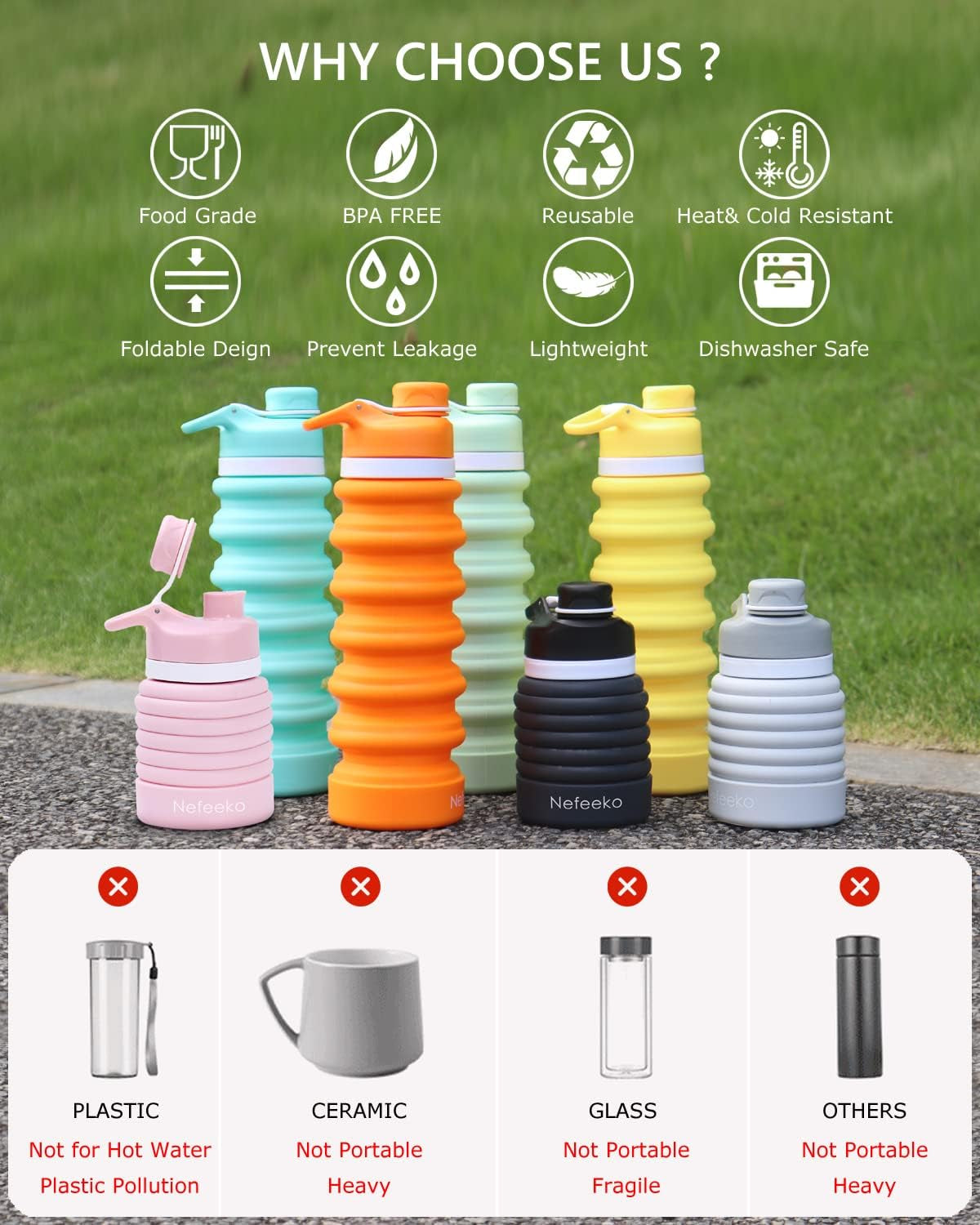 Collapsible Water Bottle, 26Oz Silicone Foldable Water Bottles
