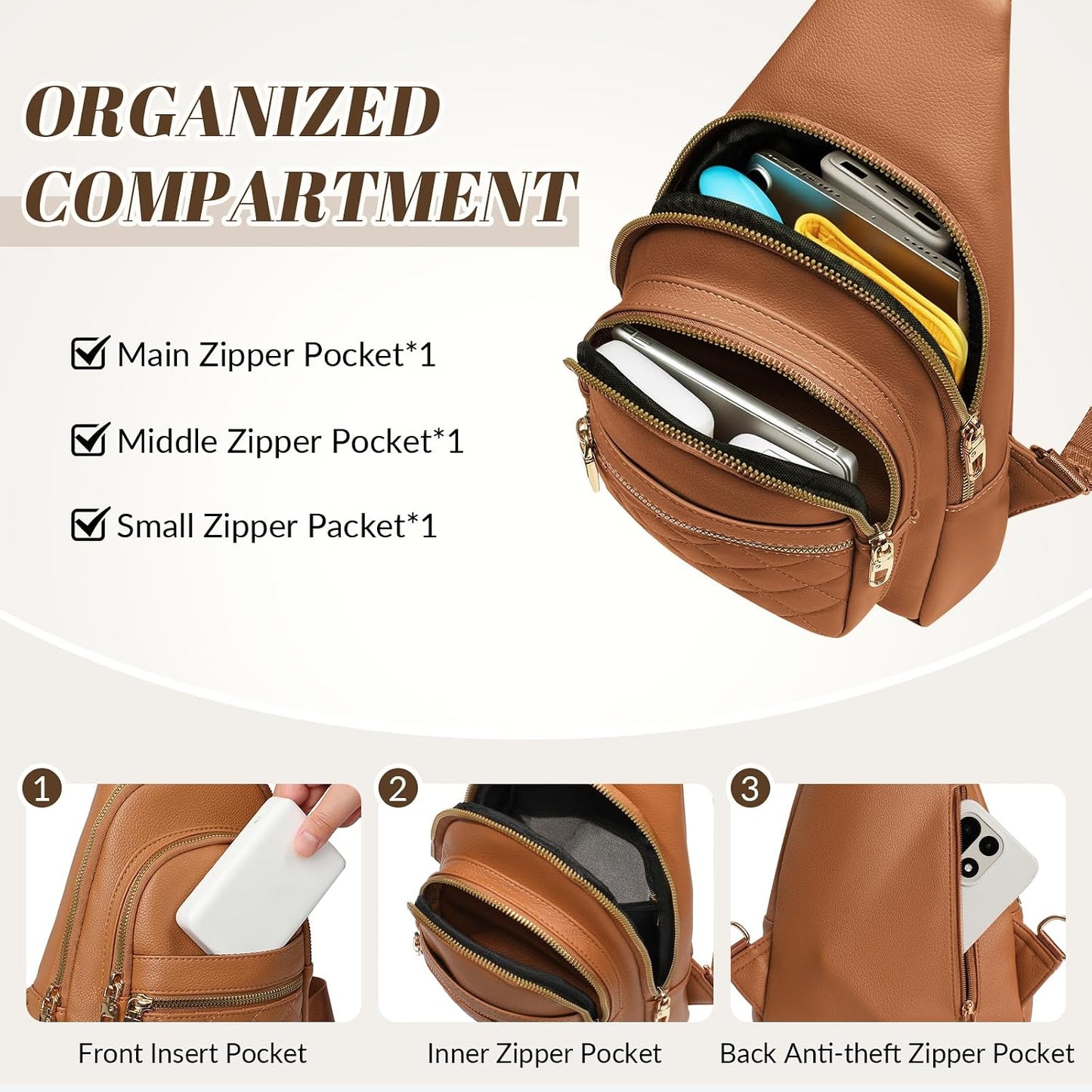 Women Anti-Theft Crossbody Sling Bag, Leather Chest Bag Sling Backpack for Fashion Travel，Light Brown