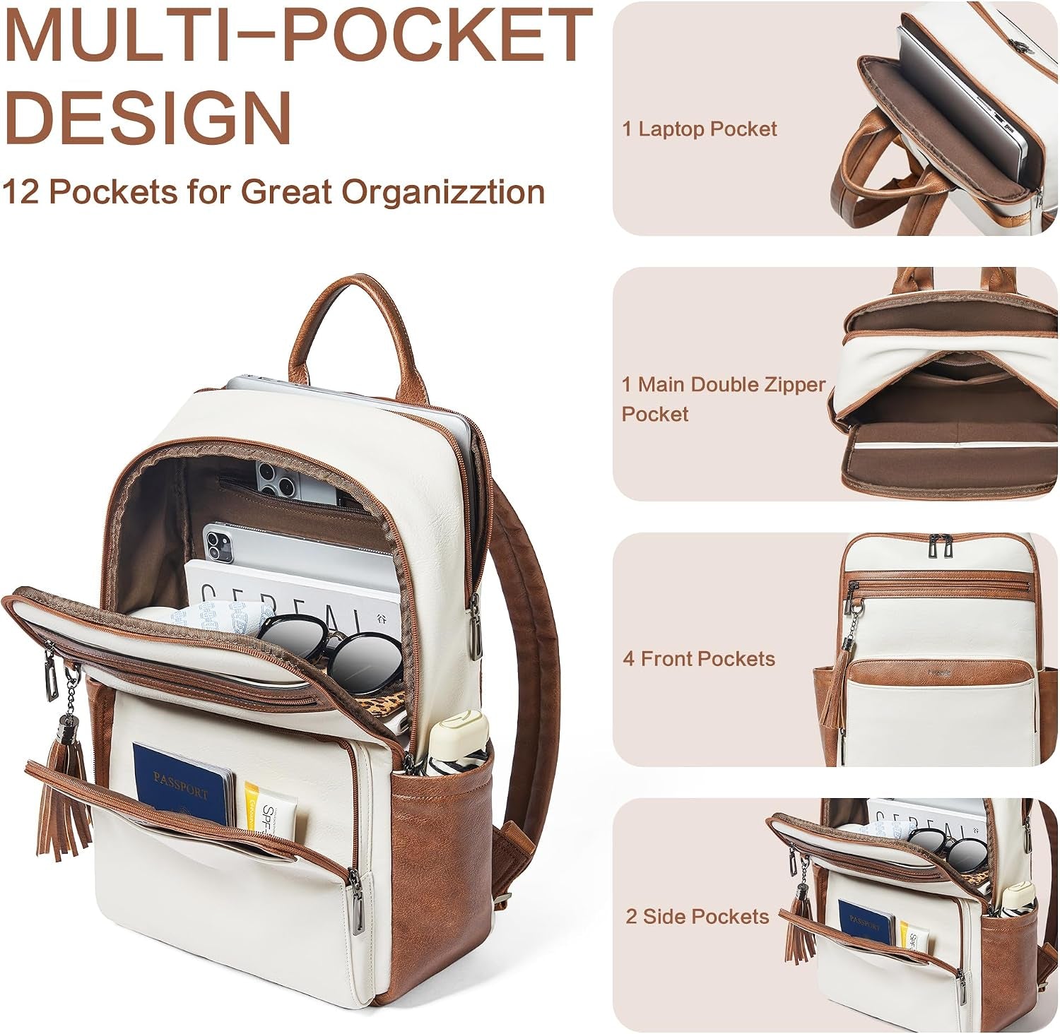 Leather Laptop Backpack for Women,Leather Backpack with Laptop Compartment Fit 15.6 Inch Laptops,Carry-On Travel Backpacks,Casual Daypack for Work Business Weekender College,Beige