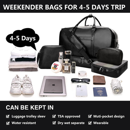 4‑PCS Leather Duffle Bag for Travel, Weekender Overnight Gym Bag Men Women
