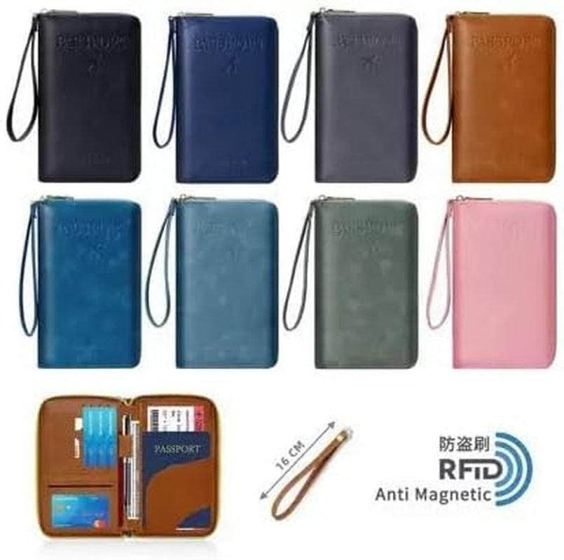 Multi-Functional RFID Passport Wallet,Travel Wallet for Men & Women,With Zipper, Anti-Theft Passport Holder，Slim Leather Cover for Credit Cards, Tickets, Cash (Brown)