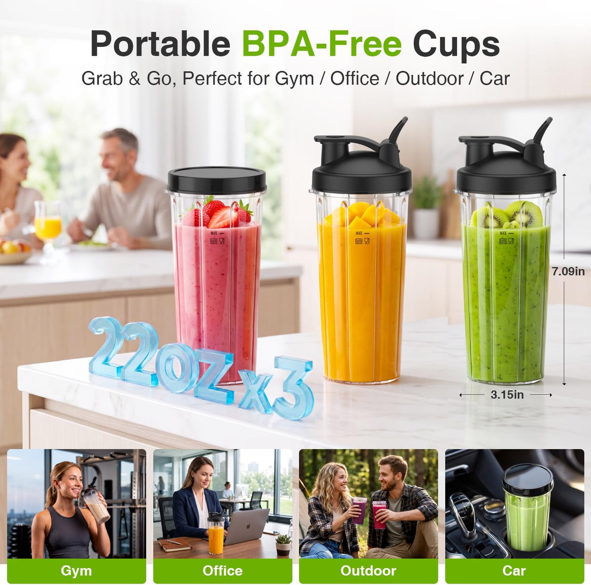 Personal Blender for Smoothies with 3 X 22Oz To-Go Cups, BL319B Black