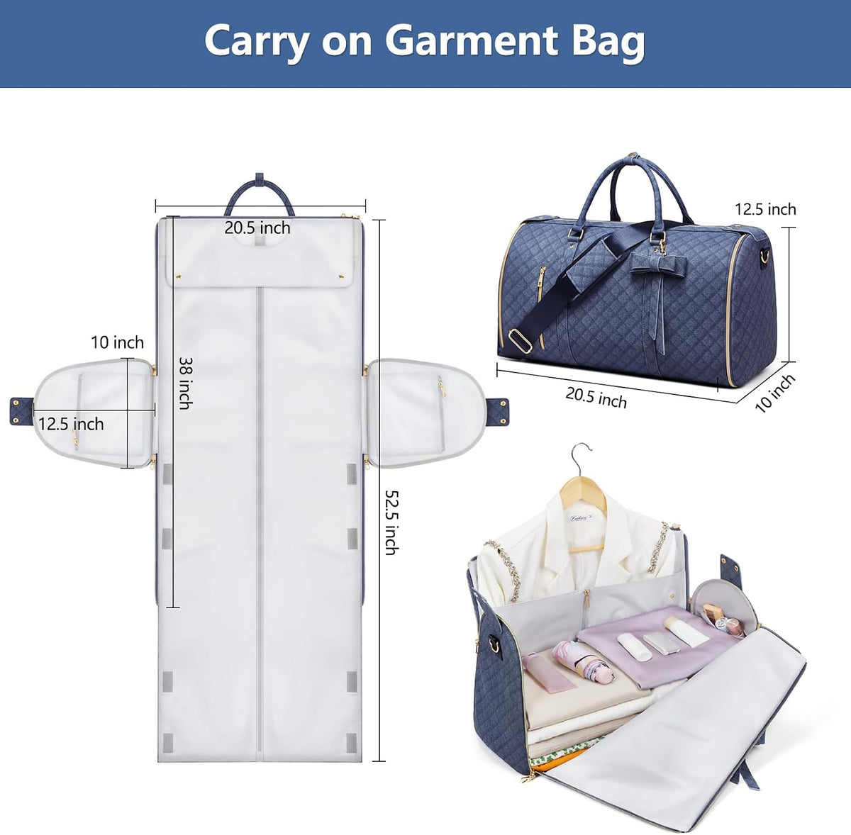 Garment Bags for Travel, Convertible Suit Travel Bag for Women, Stylish Carry on Garment Bag with Toiletry Pocket, Shoulder Strap & Shoes Compartment, 2 in 1 Foldable PU Leather Duffle Bag, Navy Blue