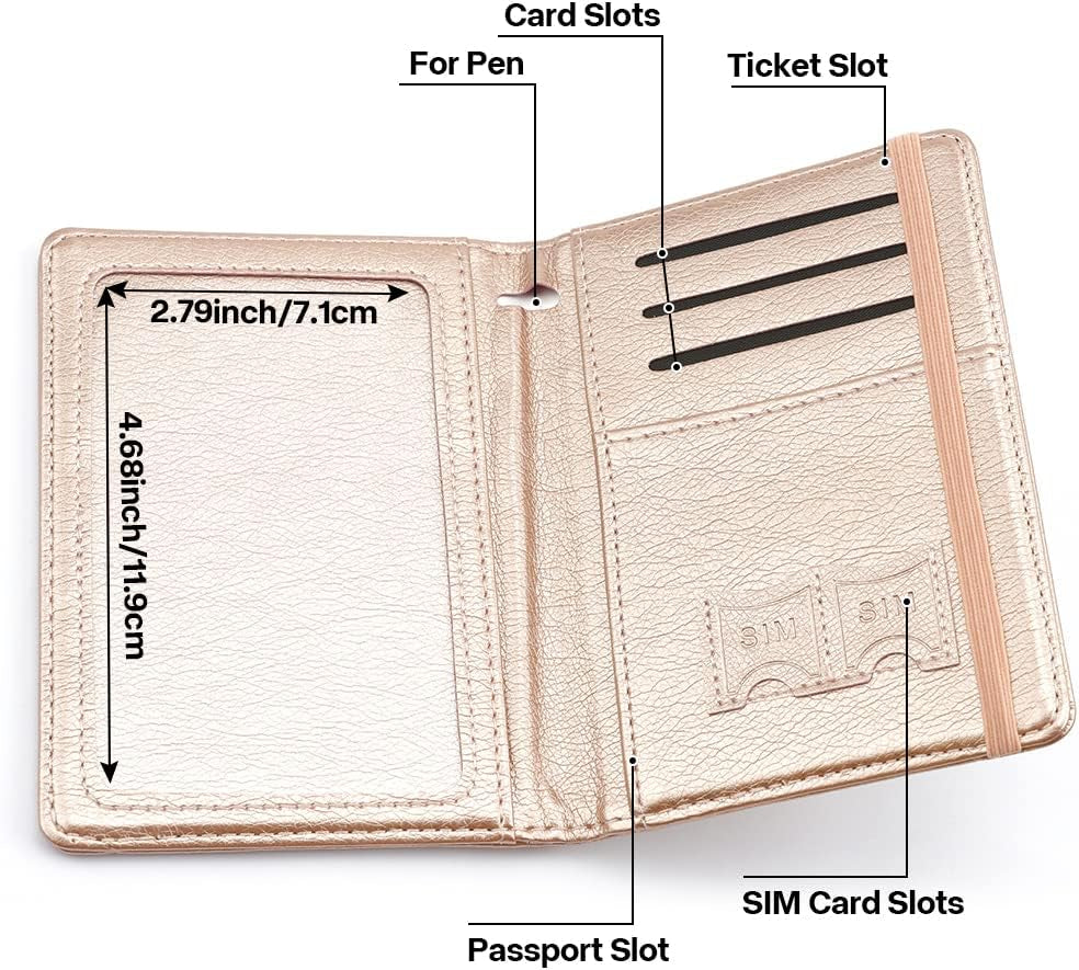 Passport Holder for Travel,Leather Passport Holder RFID Blocking Passport Cover Wallet Passport Case with Pen Holder Passport Holders for Travel Women Men Family Travels Must Haves Essential,Rose Gold