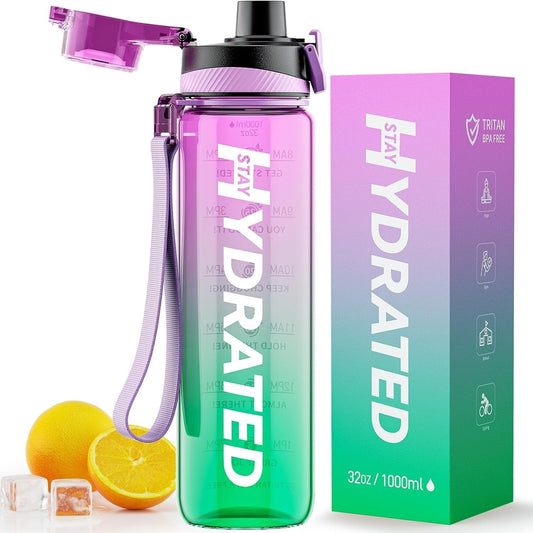 Water Bottle, 32 Oz Motivational Water Bottles with Time Marker-Tritan & BPA Fre