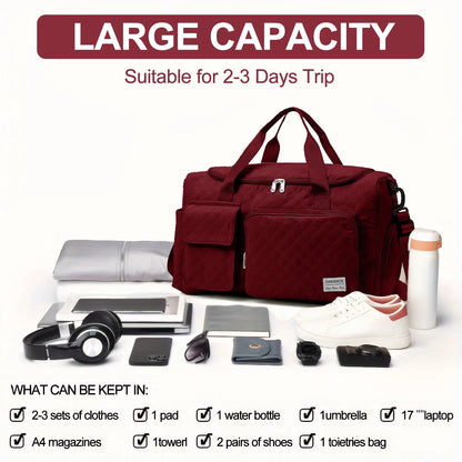 Travel Duffle Bag for Women Men, Weekender Overnight Bags Carry on Gym Bag with Wet Pocket/Adjustable Strap/Shoe Compartment, Foldable Waterproof Duffel Tote for Plane Sports Dance, Wine Red