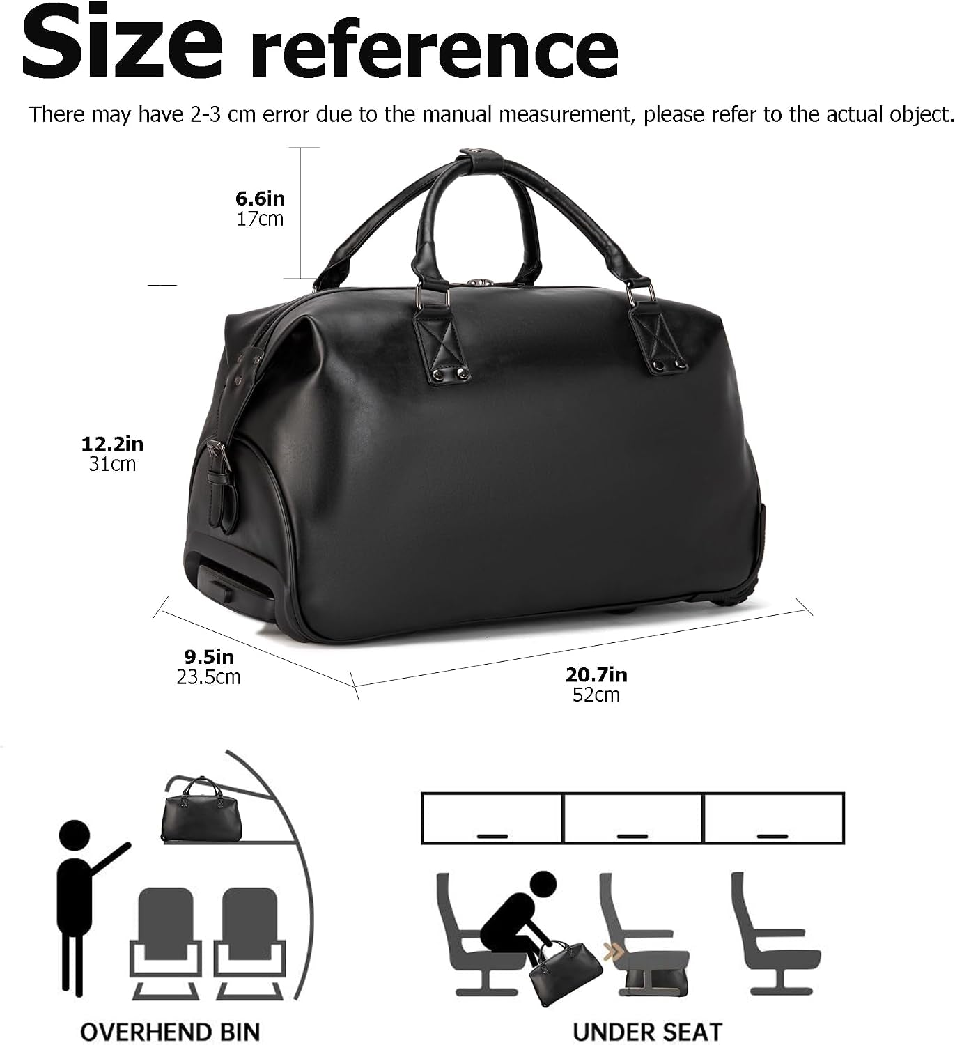 PU Leather Rolling Duffel Bag, Waterproof Weekender with Wheels