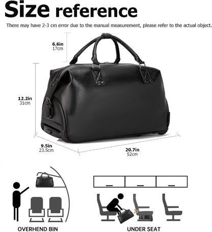PU Leather Rolling Duffel Bag, Waterproof Weekender with Wheels