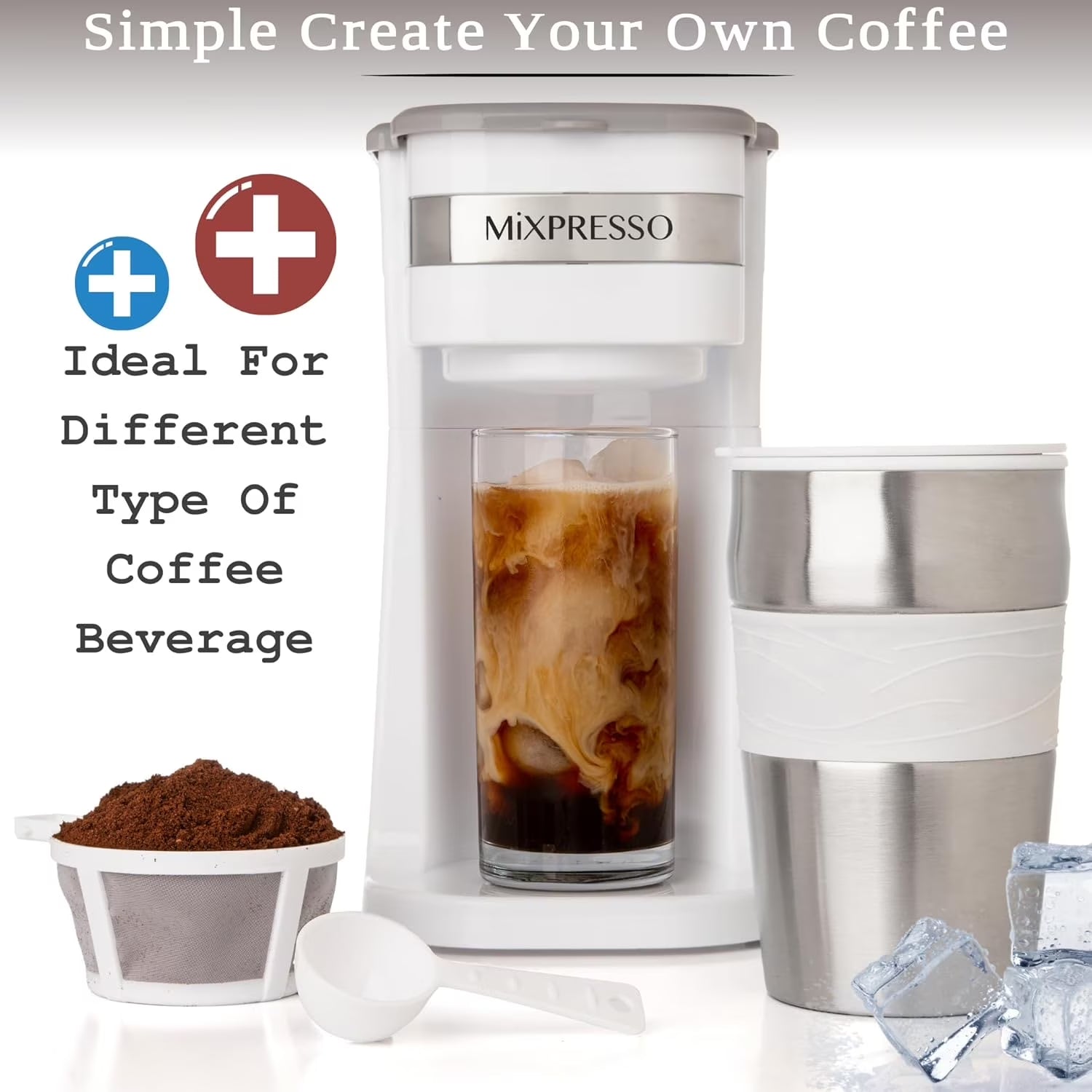 Single Serve Coffee Maker Ground Coffee and 14Oz Travel Mug White