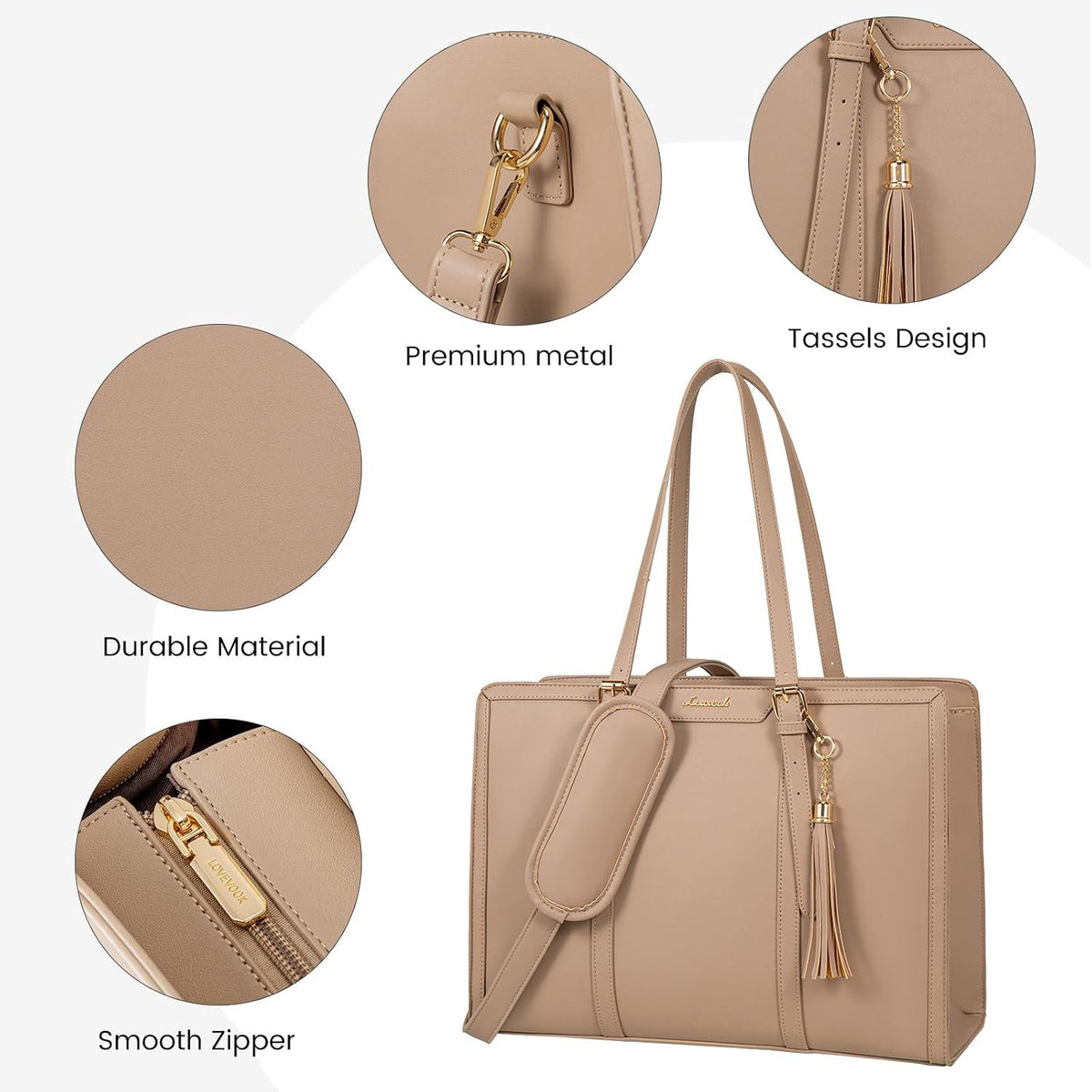 Laptop Bag for Women 15.6 Inch Lightweight PU Laptop Tote Bag, Large Capacity Computer Bag with Clutch Purse for Business, Work, Office, Travel,School，Casual（Light Brown，15.6 Inch）