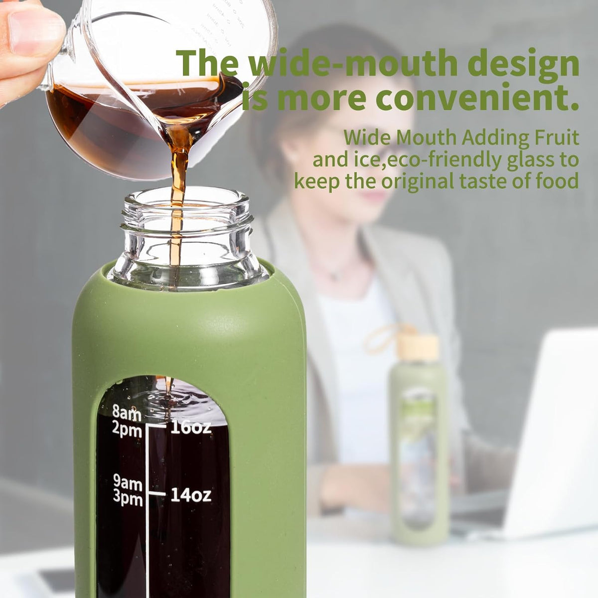 18 OZ Glass Water Bottles, Water Bottle with Time Marker (Green)