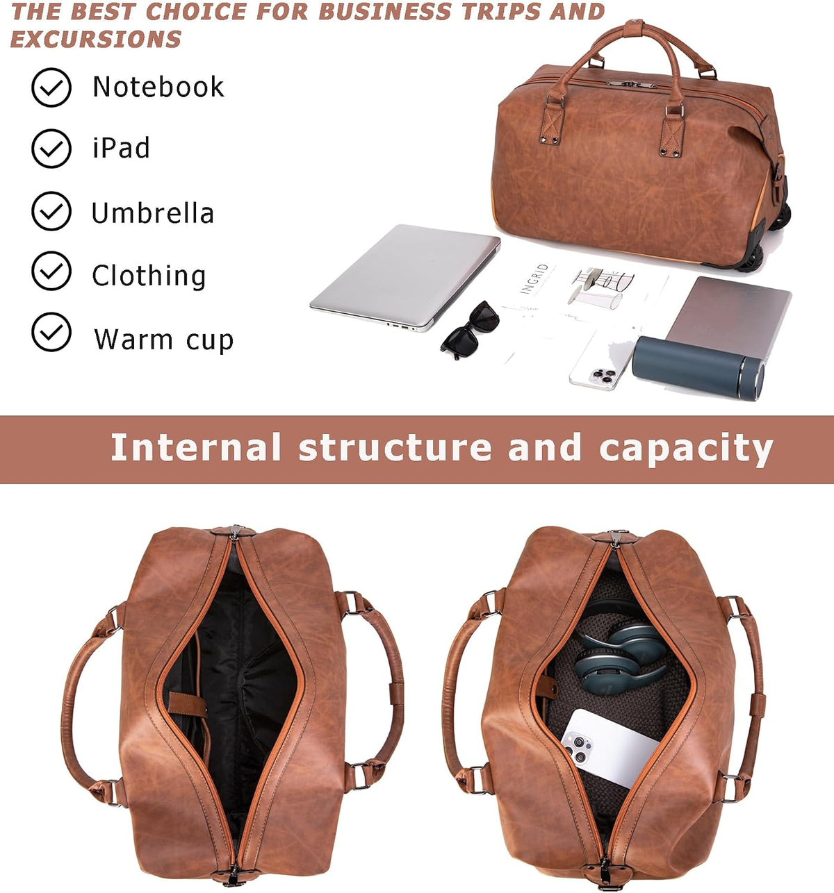 PU Leather Rolling Duffel Bag, Waterproof Weekender with Wheels