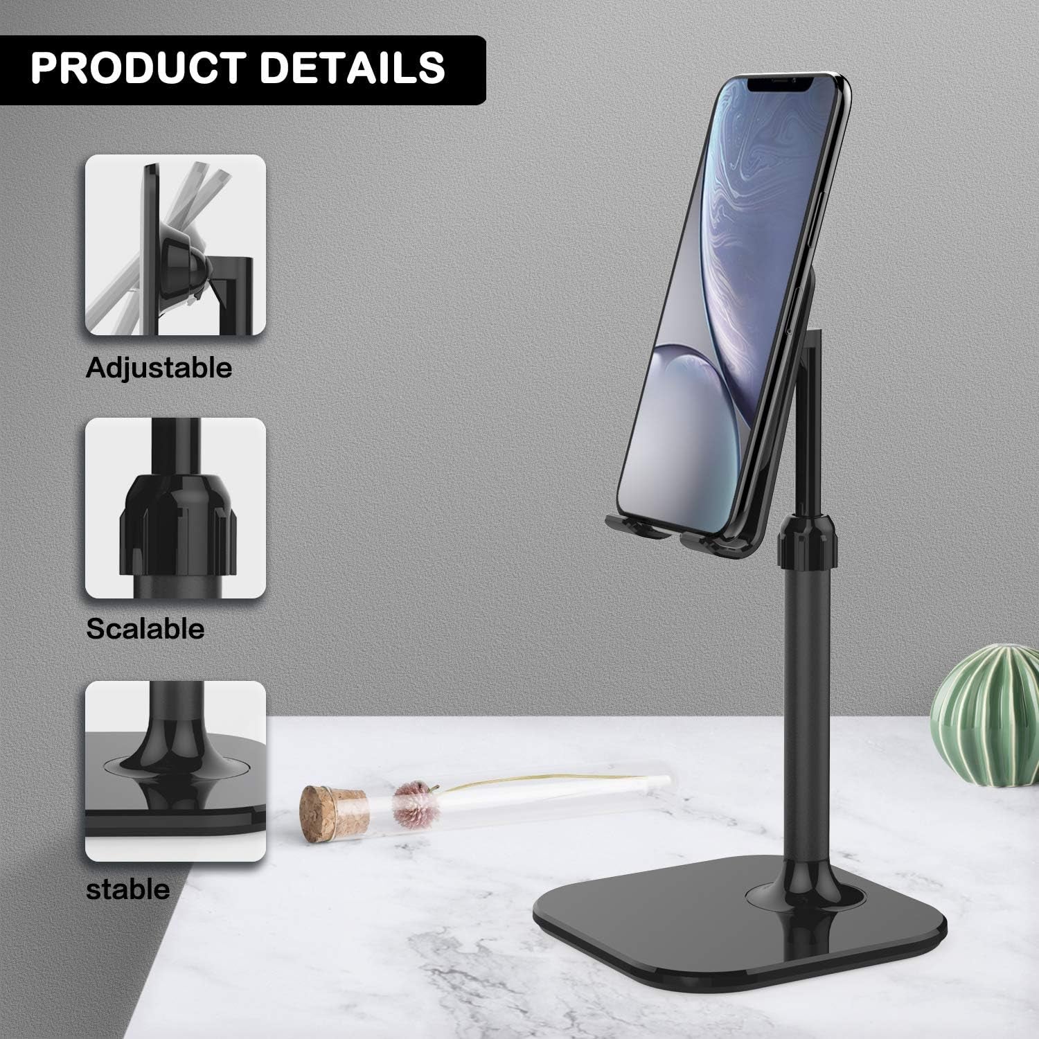 Cell Phone Stand, Phone Stand for Desk, Phone Holder Stand Compatible with Iphone and All Mobile Phones Tablet, Gifts for Adults Women Men Mom Wife, Black