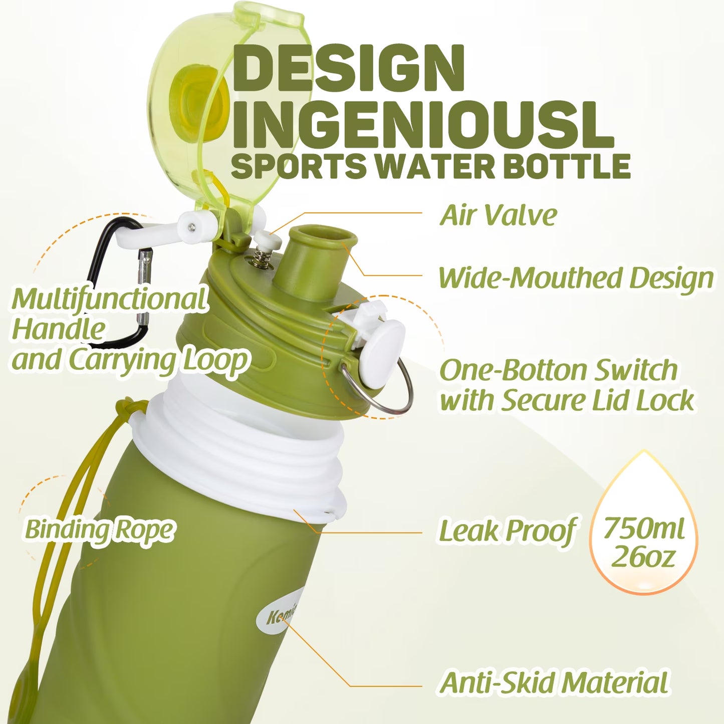 Collapsible Silicone Water Bottles-750Ml,Medical Grade,Bpa Free Travel Water Bottle Can Roll Up,26Oz,Leak Proof Foldable Sports & Outdoor Water Bottles