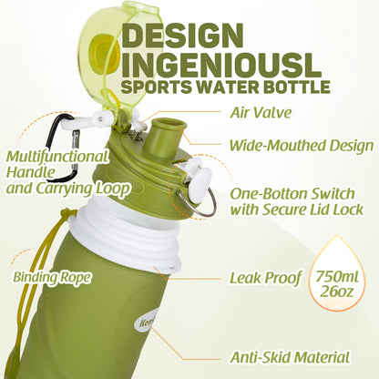 Collapsible Silicone Water Bottles-750Ml,Medical Grade,Bpa Free Travel Water Bottle Can Roll Up,26Oz,Leak Proof Foldable Sports & Outdoor Water Bottles