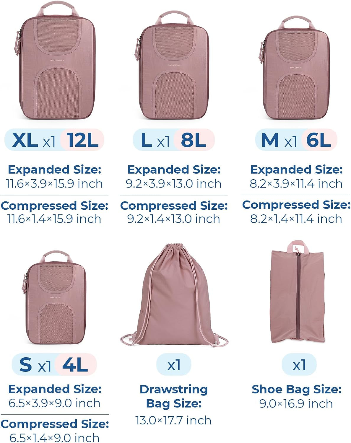 6 Set Compression Packing Cubes, Travel Luggage Organizer Bags