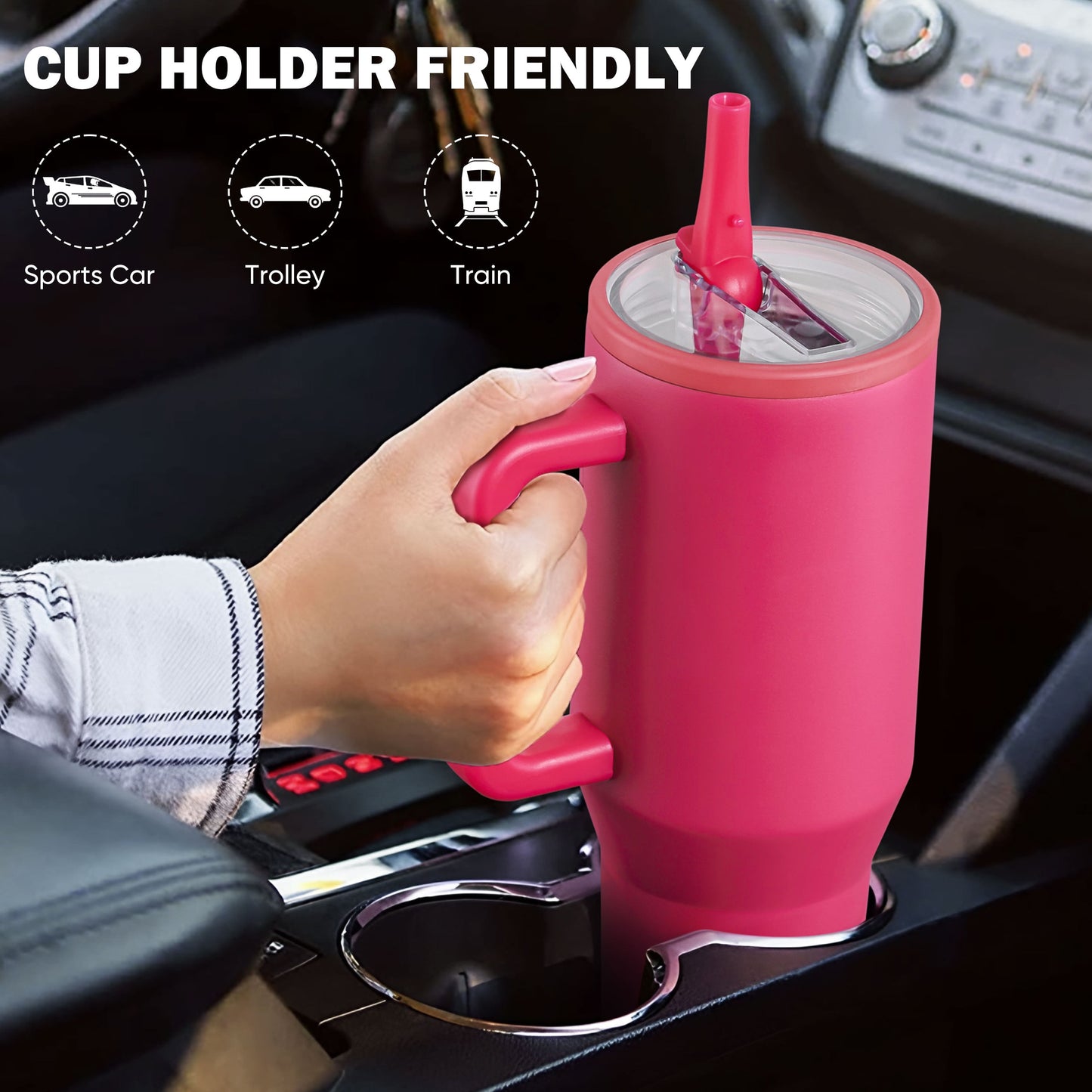 40Oz Fuchsia Large Vacuum-Insulated Tumbler with Lid, Reusable Stainless Steel Water Bottle with Handle Flip Straw Rubber Base, Leak Resistant Travel Coffee Mug for Home Office Gym