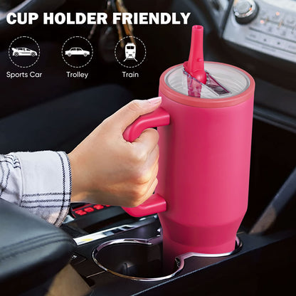 40Oz Fuchsia Large Vacuum-Insulated Tumbler with Lid, Reusable Stainless Steel Water Bottle with Handle Flip Straw Rubber Base, Leak Resistant Travel Coffee Mug for Home Office Gym
