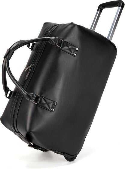 PU Leather Rolling Duffel Bag, Waterproof Weekender with Wheels
