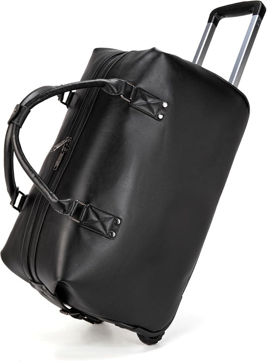 PU Leather Rolling Duffel Bag, Waterproof Weekender with Wheels