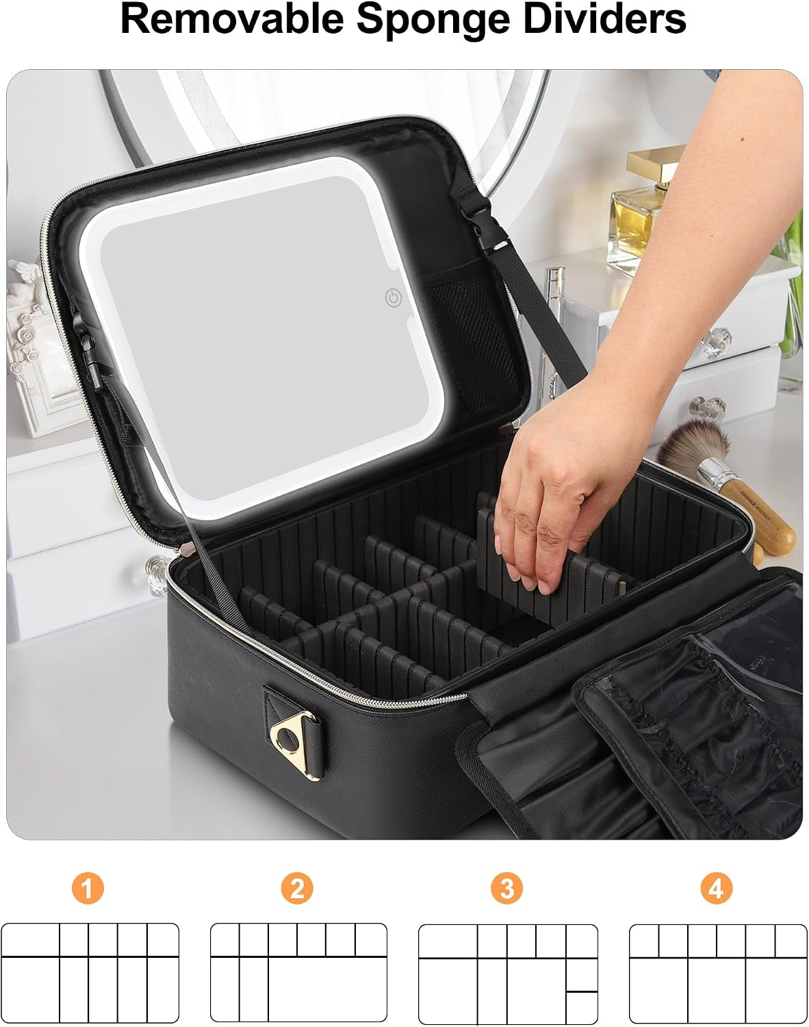 Makeup Train Case with LED Mirror, Professional Travel Cosmetic Bag with Removable Partitions,Compact Makeup Organizer, Waterproof Toiletry Case for Women, Black