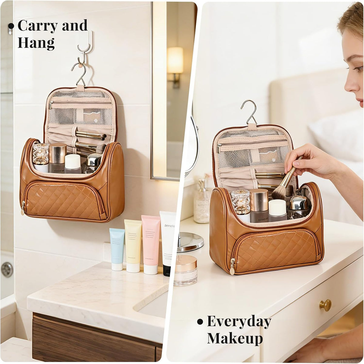 Cosmetic Bags for Women，Hanging Toiletry Bag with Makeup Brush Womens Travel Toiletry Bag for Women Essentials Travel Organizer for Full Sized Cosmetics and Toiletries Brown