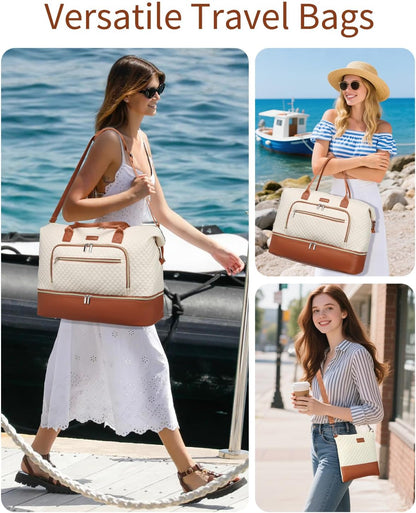 Weekender Bags for Women, Travel Tote Duffle Bag Carry on Overnight Bag with Cosmetics Bag and Crossbody Purse for Gym Hospital, Gifts for Women, Beige Brown