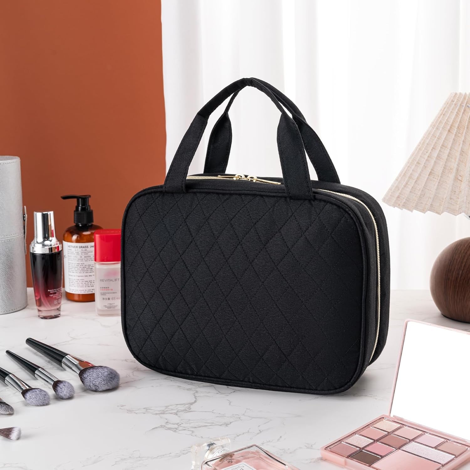 Travel Toiletry Bag for Women, Large Hanging Makeup Cosmetic Bag, Black