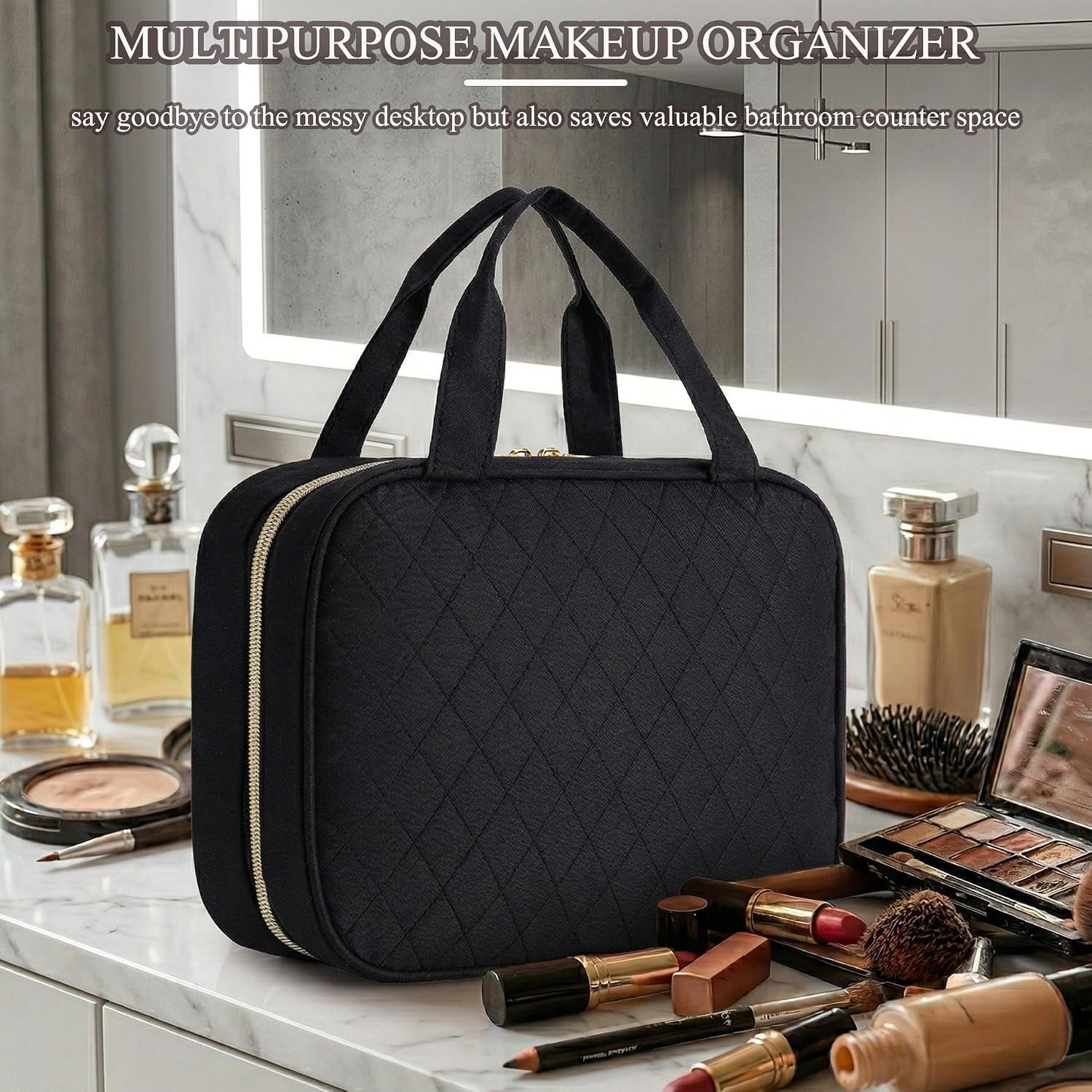 Travel Toiletry Bag for Women, Large Hanging Makeup Cosmetic Bag, Black