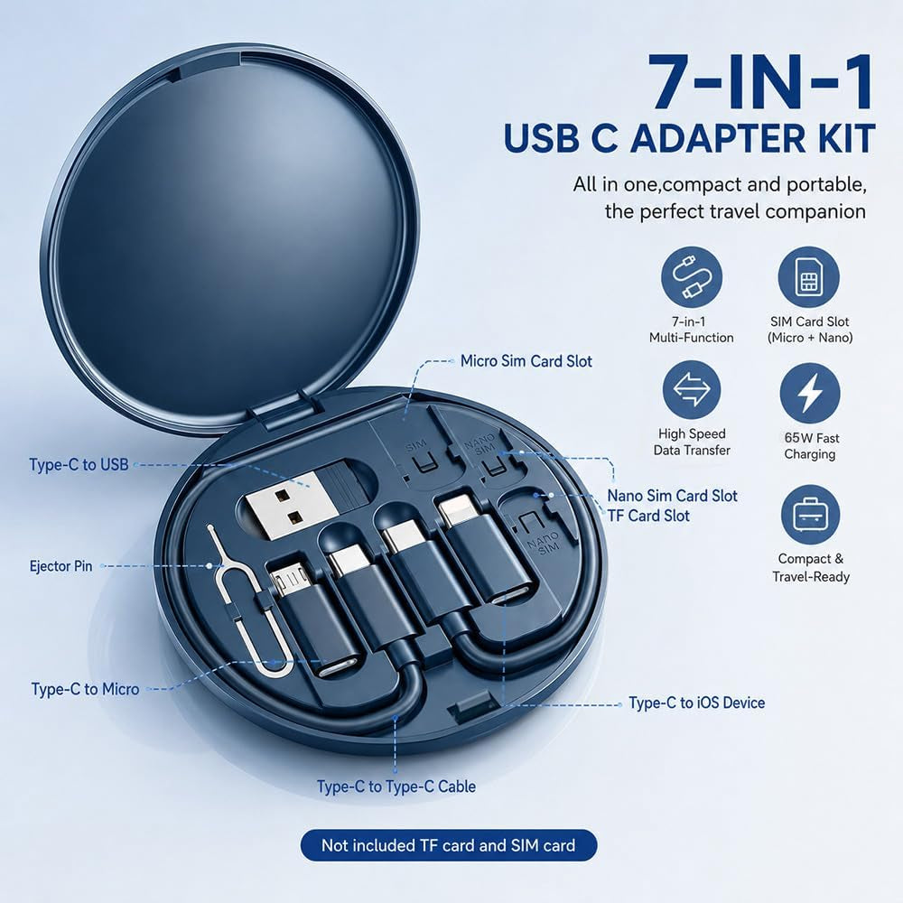 USB C Adapter Kit, Multi Charging Cable Case Convertor USB C to Ios Device Type C Micro Adapter Data Transfer Contains Card Slot for Traveling, Use as Phone Holder(Midnight Blue)