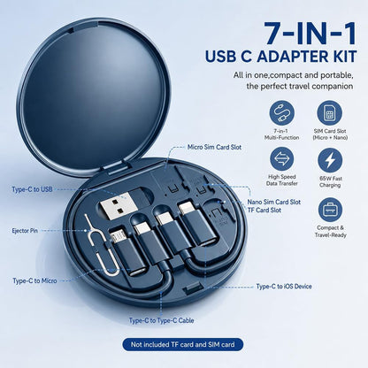 USB C Adapter Kit, Multi Charging Cable Case Convertor USB C to Ios Device Type C Micro Adapter Data Transfer Contains Card Slot for Traveling, Use as Phone Holder(Midnight Blue)
