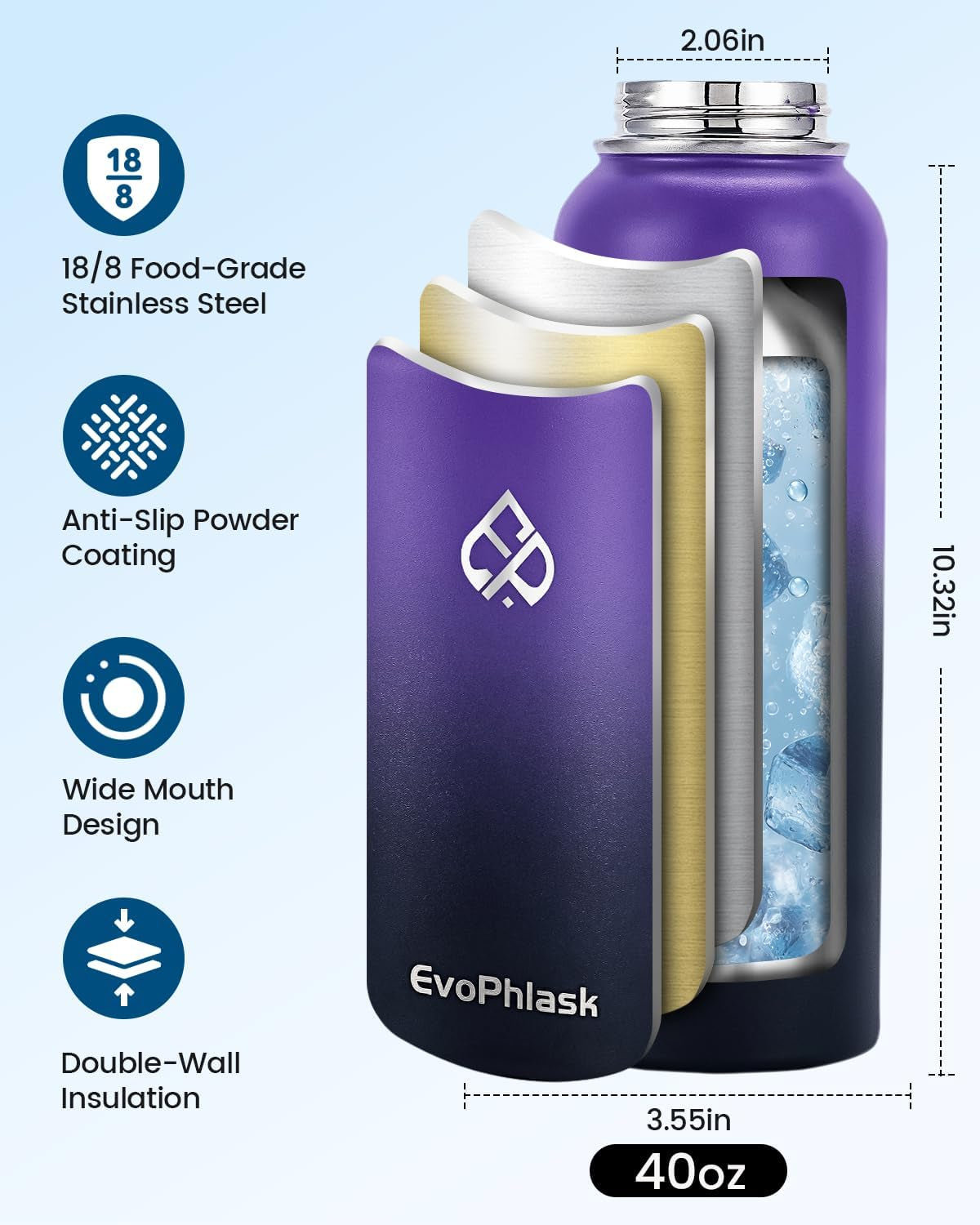 Insulated Water Bottle 40 Oz with Carrier Bag, Purple/Black